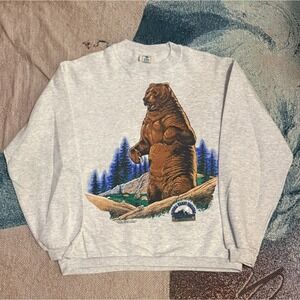 Vintage 90s Animal Print‎ Grizzly Bear Sweatshirt Blue National Wildlife medium